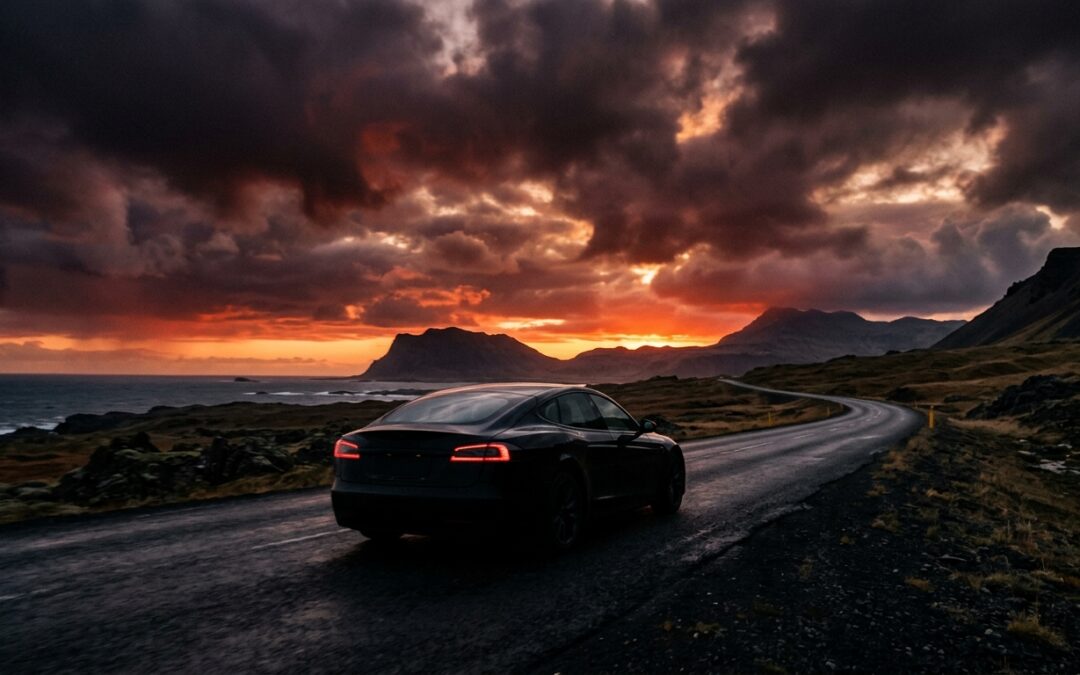 Tesla Model S noire sur une route déserte au coucher de soleil, ciel orageux