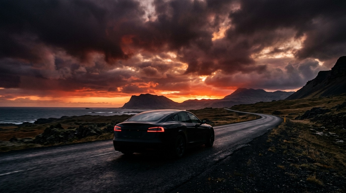 Tesla Model S noire sur une route déserte au coucher de soleil, ciel orageux